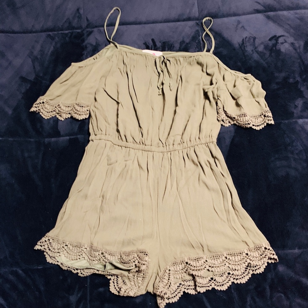Olive green, off the shoulders, romper with straps
